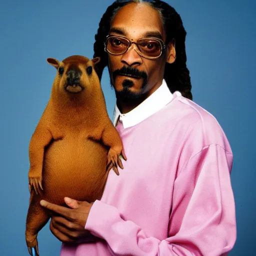 Prompt: Snoop Dogg holding a Capybara for a 1990s sitcom tv show, Studio Photograph, portrait, C 12.0