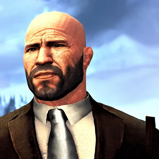 Prompt: character screenshot of ufc president dana white, villain, skyrim boss, wilderness, 1 0 8 0 p, bokeh, elder scrolls v, detailed, dialog text