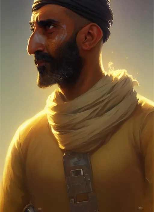 Prompt: highly detailed portrait arab man modern, fighter, yellow charcoal, stephen bliss, 8 k, unreal engine, fantasy art by greg rutkowski, loish, rhads, ferdinand knab, makoto shinkai and lois van baarle, ilya kuvshinov, rossdraws, tom bagshaw, global illumination, radiant light, detailed and intricate environment