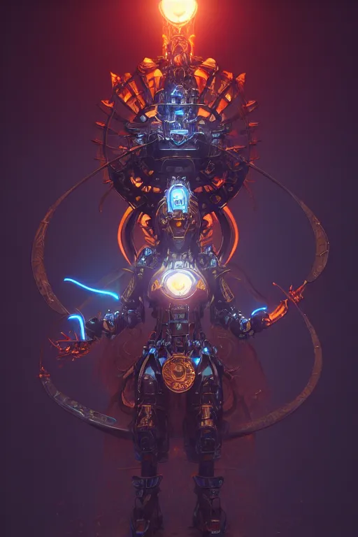 Prompt: diablo action game robot shaman by artgerm, alphonse mucha, cgsociety and beeple highly detailed, cinematic lighting, illustration, art, octane render, very coherent. cinematic, hyper realism, high detail, octane render, 8 k
