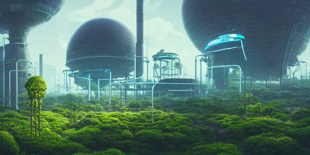 Prompt: giant solarpunk power station, sci - fi, plants, greenery, digital art by beeple