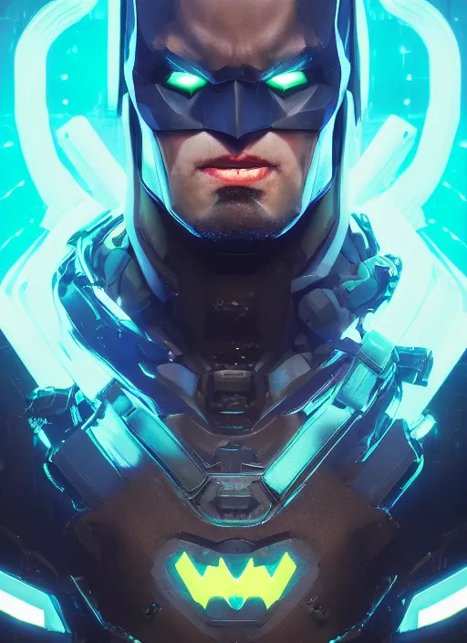 Image similar to glowwave portrait of dark batman from overwatch, au naturel, hyper detailed, digital art, trending in artstation, cinematic lighting, studio quality, smooth render, unreal engine 5 rendered, octane rendered, art style by klimt and nixeu and ian sprigger and wlop and krenz cushart.