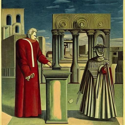 Image similar to Artwork by Giorgio de Chirico of The Sanguinary Grail.