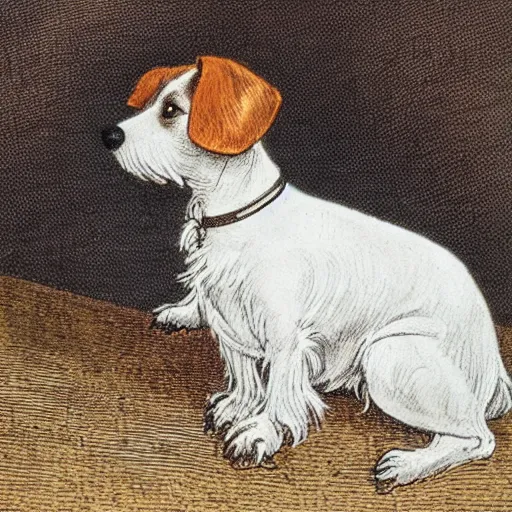 Image similar to closeup candid portrait of jack russel terrier crying on the dog bed, illustrated by peggy fortnum and beatrix potter and sir john tenniel