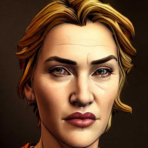 Image similar to kate winslet portrait, borderlands, tales from the borderlands, the wolf among us, comic, cinematic lighting, studio quality, 8 k