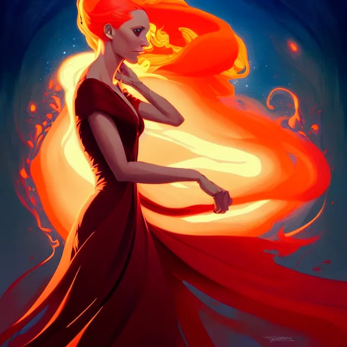 Image similar to style artgerm, joshua middleton, peter mohrbacher, beautiful kristen bell with dark red dress, very long orange hair, symmetrical face, symmetrical eyes, fire powers fire swirling, detailed, volcano setting, cinematic lighting