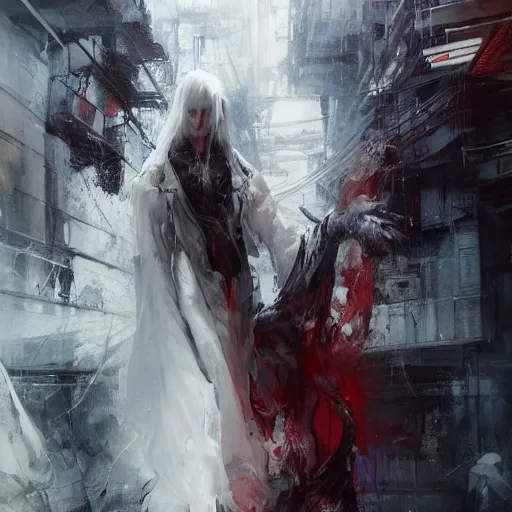 Image similar to a humanoid cyberpunk white dragon wearing a white mage robe by melmoth zdzislaw belsinki craig mullins yoji shinkawa realistic render ominous detailed photo atmospheric by jeremy mann francis bacon and agnes cecile ink drips paint smears digital cyberpunk, realistic anime, dramatic lighting, red light, red highlights