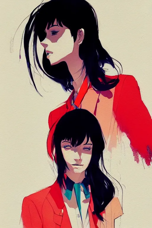 Image similar to a ultradetailed beautiful panting of a stylish woman wearing a shirt with a tie, she has black hair, by conrad roset, greg rutkowski and makoto shinkai, trending on artstation