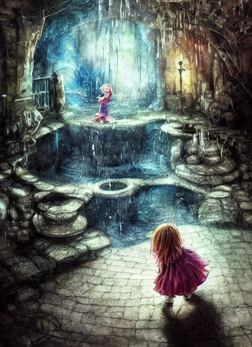 Image similar to portrait, a little girl falling down a wishing well into another realm, magical, fantasy, watercolor, dramatic lighting, cinematic, establishing shot, extremely high detail, foto realistic, cinematic lighting, pen and ink, intricate line drawings, by Yoshitaka Amano, Ruan Jia, Kentaro Miura, Artgerm, post processed, concept art, artstation, matte painting, style by eddie mendoza, raphael lacoste, alex ross