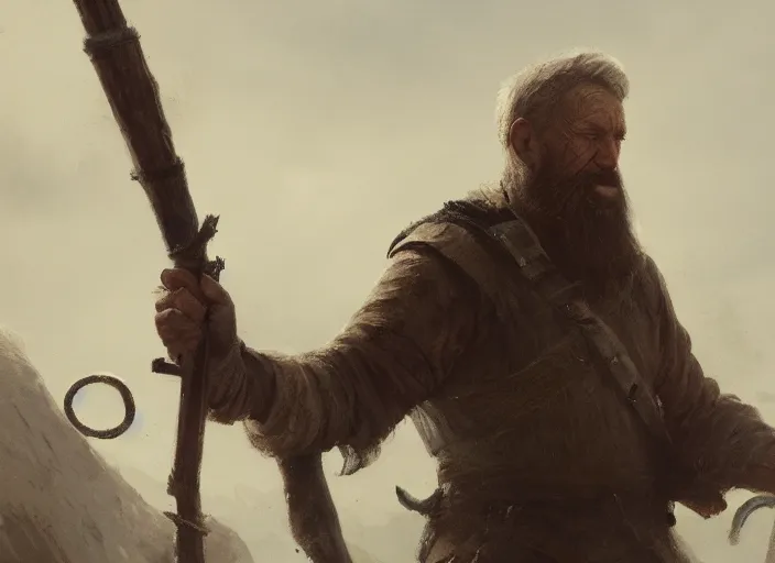 Prompt: close up cinematic artwork of a random old man with a long beard, holding a staff, staring down the enemy on the battlefield by Greg Rutkowski, 4k, masterpiece