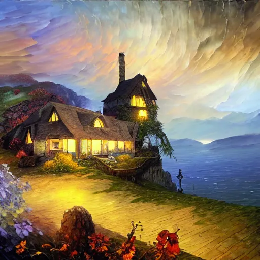 Image similar to cottage on hill cliff cryengine render by android jones, james christensen, rob gonsalves, leonid afremov and tim white