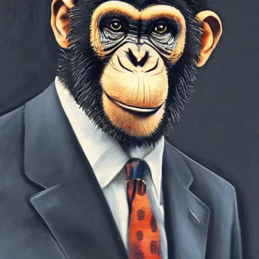 Image similar to a high detail portrait of a chimp wearing a suit 👔,and smoking🚬