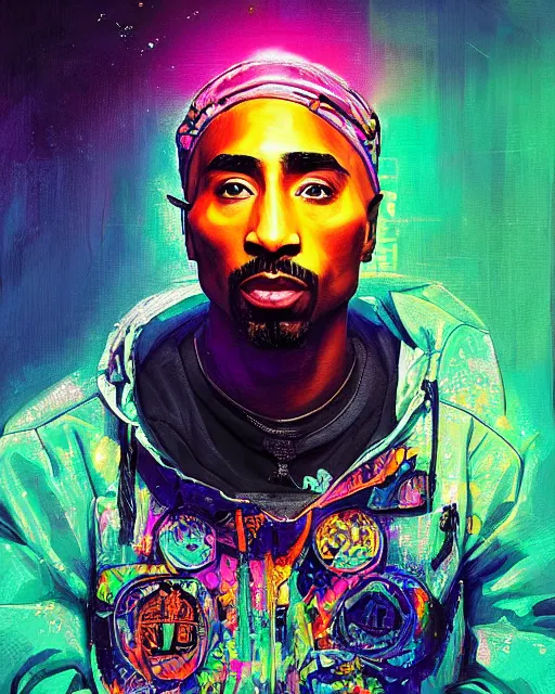 Image similar to detailed Tupac Shakur portrait Neon Operator, cyberpunk futuristic neon, reflective puffy coat, decorated with traditional Japanese ornaments by Ismail inceoglu dragan bibin hans thoma !dream detailed portrait Neon Operator Girl, cyberpunk futuristic neon, reflective puffy coat, decorated with traditional Japanese ornaments by Ismail inceoglu dragan bibin hans thoma greg rutkowski Alexandros Pyromallis Nekro Rene Maritte Illustrated, Perfect face, fine details, realistic shaded, fine-face, pretty face