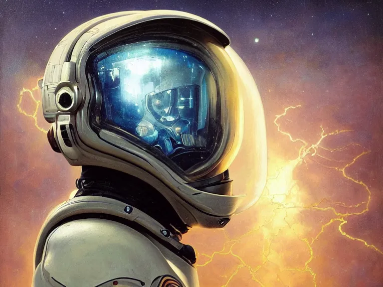 Image similar to a detailed profile oil painting of an advanced shock trooper in a spacesuit with reflective helmet, technology flight suit, portrait symmetrical and science fiction theme with lightning, aurora lighting clouds and stars by beksinski carl spitzweg and tuomas korpi. baroque elements, full-length view. baroque element. intricate artwork by caravaggio. Trending on artstation. 8k
