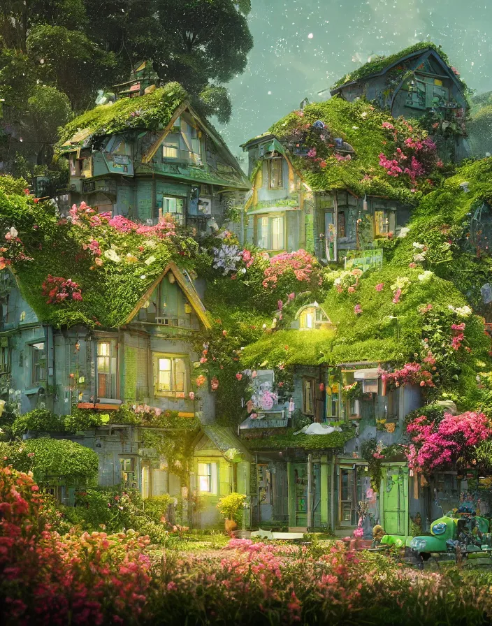 Prompt: flowery cottage, solarpunk, green technology, optimist future by Asher Durand. green fields, intricate artwork by Tooth Wu and wlop and beeple and dan mumford and greg rutkowski and nekroxiii. halo. octane render, cinematic, hyper realism, octane render, 8k, depth of field, bokeh. iridescent accents. vibrant.