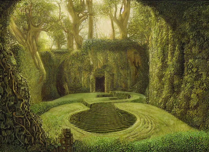 Image similar to jim henson's labyrinth. hedge maze. a green and luscious expanse of ivy - strewn trellises and thick green hedges stretches out in front of you. by edgar maxence and caravaggio and michael whelan and delacroix style, artistic, intricate painting, cinematic lighting, hyper realistic, extremely detailed, vivid colors, establishing shot, dramatic lighting