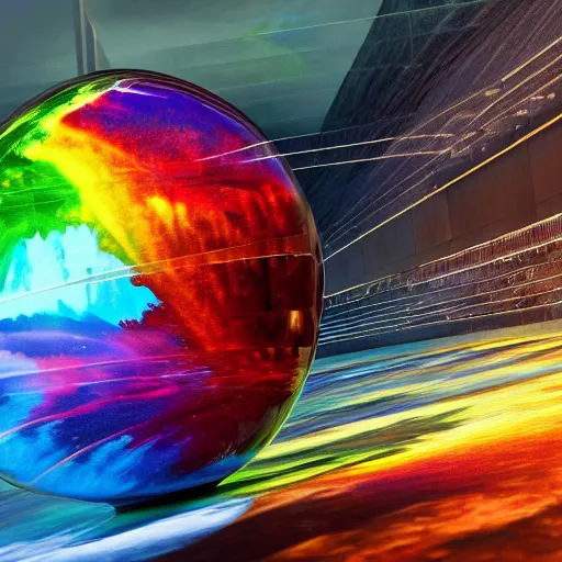 Prompt: long shot of a huge rainbow clear glass marble, concept art, by leonid afremov, by gerhard richter, jeff koons, volumetric light, smooth, depth perception, high depth of field, 4 k, unreal engine 5, ultradetailed, hyperrealistic, artstation