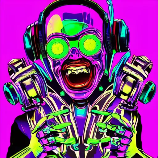 Image similar to artgerm, psychedelic laughing cybertronic robot, rocking out, headphones dj rave, digital artwork, r. crumb, svg vector