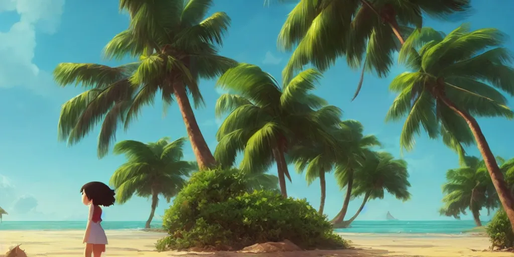 Image similar to a wholesome animation key shot of a focused palm tree swaying in the wind on a tropical beach, medium shot, waist up, studio Ghibli, Pixar and Disney animation, sharp, very detailed, high resolution, Rendered in Unreal Engine 5, anime key art by Greg Rutkowski, Bloom, dramatic lighting