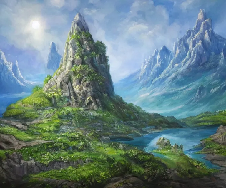 Prompt: medieval fantasy artwork. woodland with cliffs in the background. on top of the cliffs is a radiant castle made of pure blue light!!! oil on canvas.