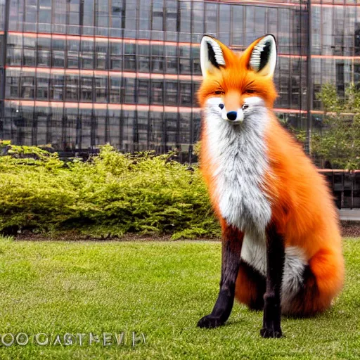 Image similar to portrait of a fox fursuiter posing for the camera at a furry convention, outdoors in the city, realisitc photo