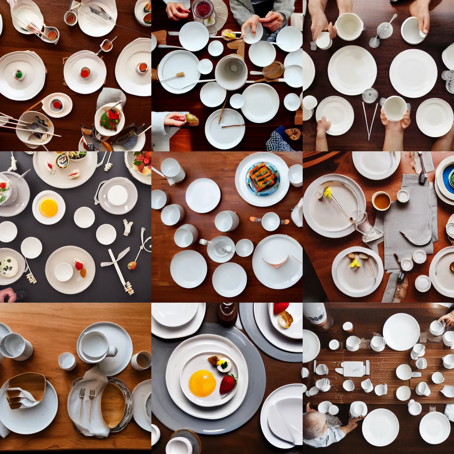 Prompt: a breakfast table filled with dirty plates cups glasses chopsticks cutlery, overhead shot