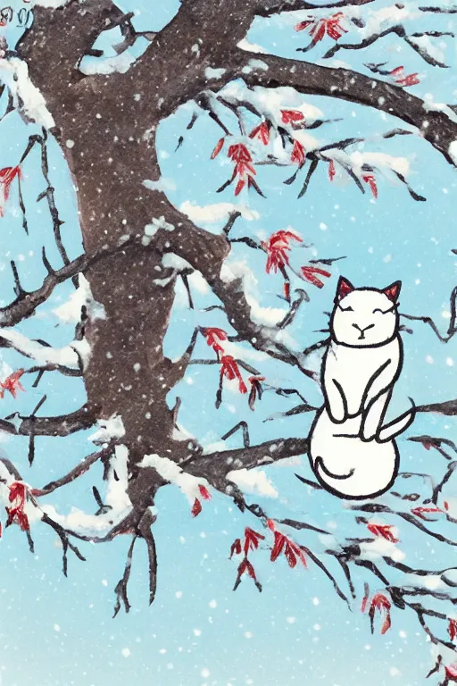 Image similar to white cat in the tree in winter day in the style ofukiyo-e