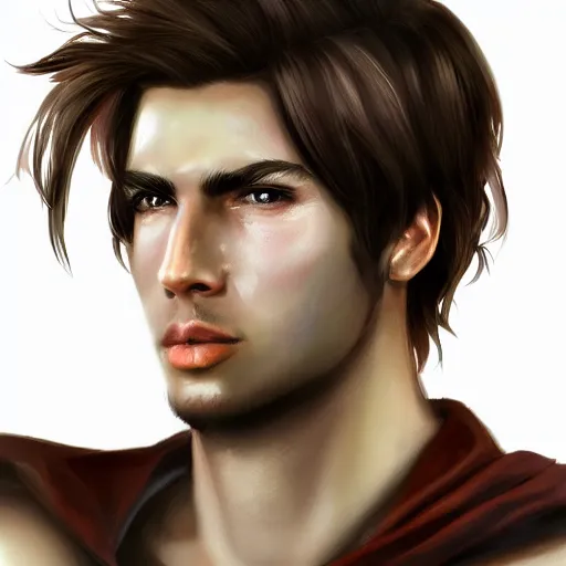 Prompt: realistic portrait, 25 years old man :: athletic fantasy mage :: green eyes, long slightly loosened brown hair :: wearing a brown robe :: high detail, digital art, RPG, concept art, illustration