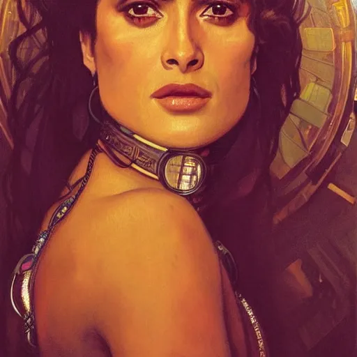 Prompt: salma hayek portrait by alphonse mucha, cyberpunk city bar, perfect proportions, beautiful face, perfect eyes, real life colors, elegant, sharp focus, hyper - realistic, 4 k, highly detailed, hd, dramatic lighting by brom