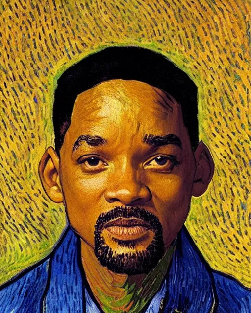 Prompt: Will Smith in the style of van gogh self portrait, face, detailed, sharp focus