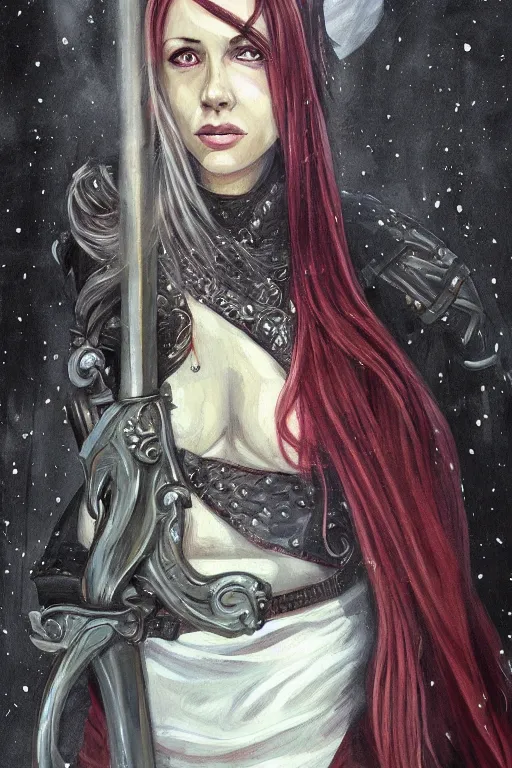 Prompt: a painting of a woman with a sword, a character portrait by Nína Tryggvadóttir, deviantart contest winner, fantasy art, wiccan, deviantart, detailed painting