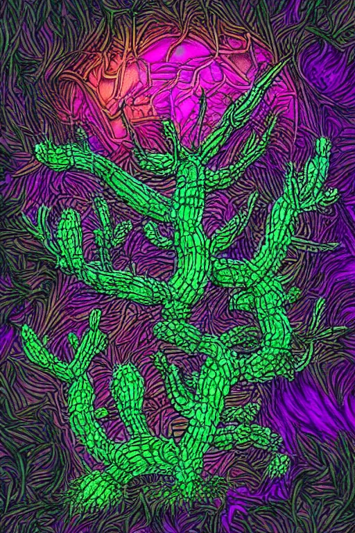 Image similar to creature sushi roots cactus elemental flush of force nature micro world fluo light deepdream