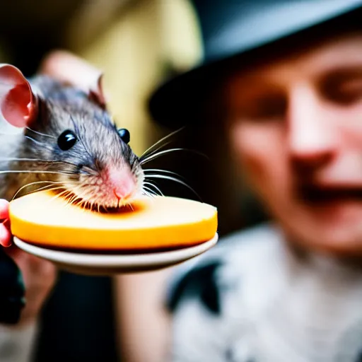 Prompt: a rat wearing a bowler hat eating cheese. sigma 5 0 mm f / 1. 4