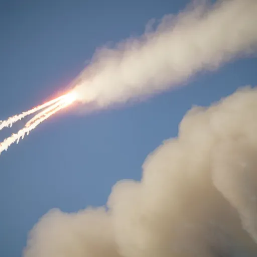 Image similar to rocket breaking through the sky with triangular shaped smoke trail leading behind it