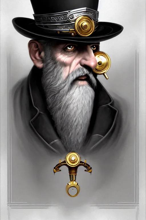Prompt: silver monocle, portrait of a middle aged grey haired man with a top hat in the style of god of war, golden machine parts, intricate, elegant, highly detailed, digital painting, artstation, concept art, smooth, sharp focus, illustration, art by artgerm and greg rutkowski and alphonse mucha, 8 k