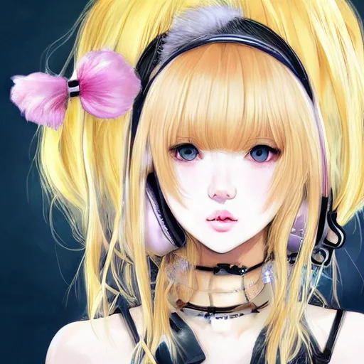 Image similar to realistic beautiful gorgeous natural cute Blackpink Lalisa Manoban blonde hair cute fur blonde cat ears wearing headphones wearing black leather choker in maid dress outfit golden eyes artwork drawn full HD 4K highest quality in artstyle by professional artists WLOP, Taejune Kim, Guweiz, ArtGerm on Artstation Pixiv