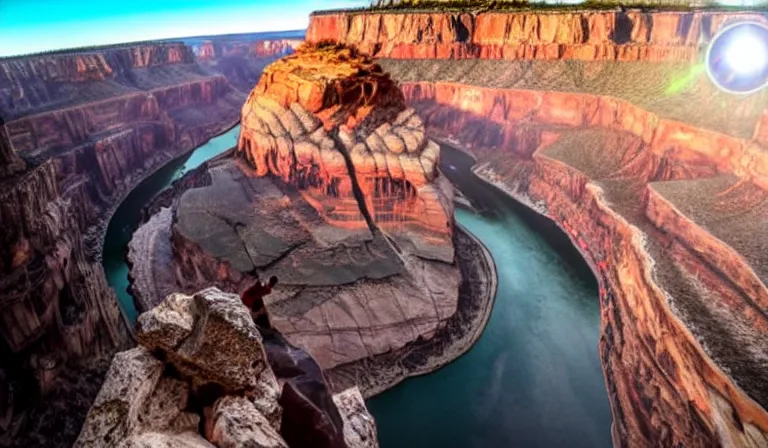 Image similar to gollum base jumping in the grand canyon gopro selfie video, wide - angle, motion blur