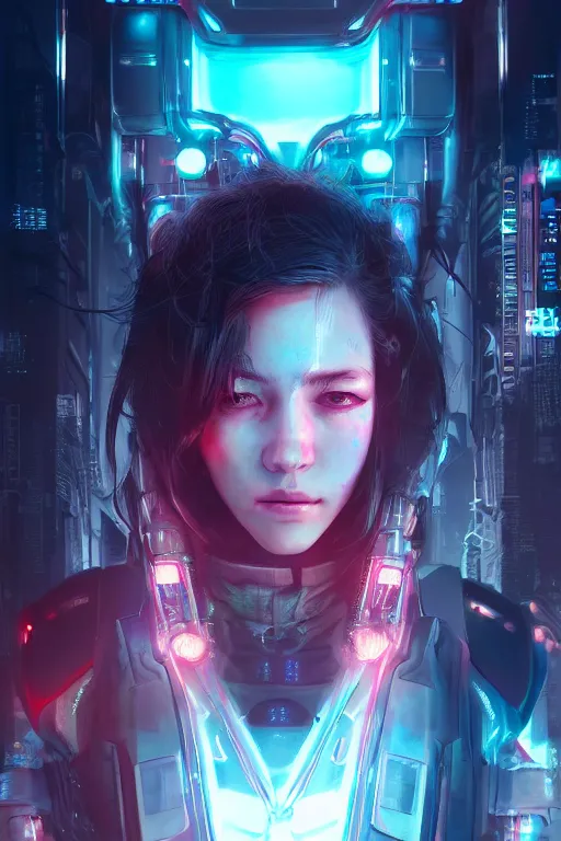 Prompt: beautiful portrait of a heavily armed cyborg mercenary girl, art by wlop and artgerm and liam wong, cyberpunk, neon, intricate details, trending on artstation, sharp focus, caustics, octane render, radiant light, 4 k
