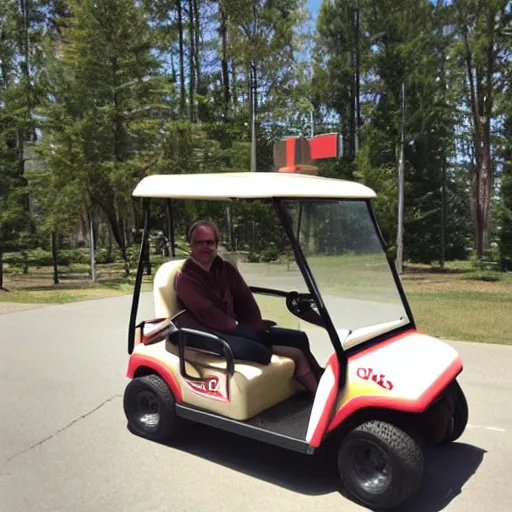 Prompt: sasquatch driving a golf cart through a dennys window.
