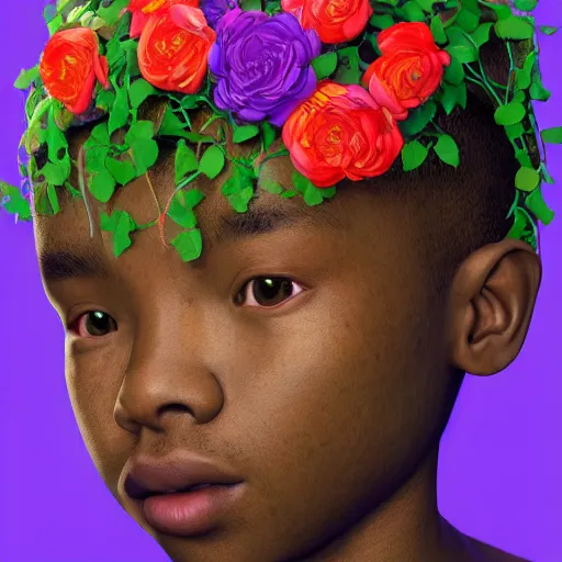 Image similar to colourful vfx art - portrait of focussed nigerian boy wrapped in flowers & vines, art by hsiao - ron cheng & james jean, volumetric light, ray tracing, sharp, detailed, digital painting, illustration, highly detailed, intricate detail, unreal engine, octane render, pinterest, behance, art station,