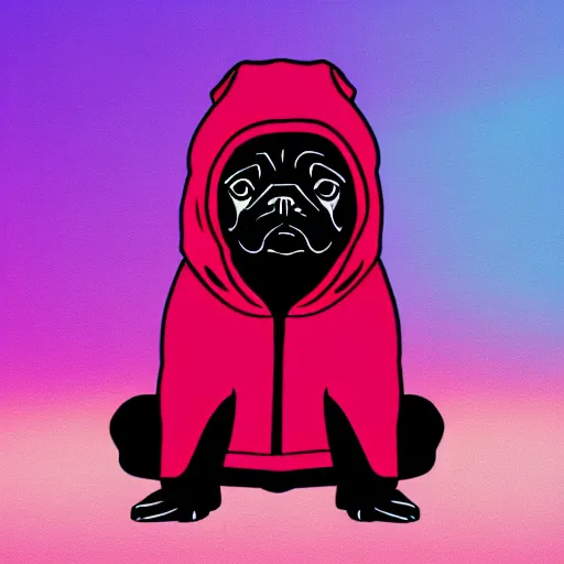 Image similar to a sad pug wearing a hoodie, the word ( sad ) is written on the hoodie in upper case letters, typography, digital art, synthwave style, trending on artstation, matte painting