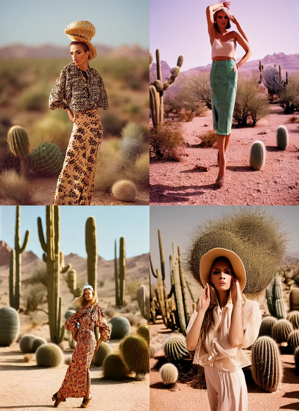 Prompt: fashion photoshoot photography of a woman in the desert and big cacti by mark owen. vogue. kodak portra. bokeh!! detailed. hq. warm light. mamiya 7. f / 1. 2, symmetrical balance, in - frame