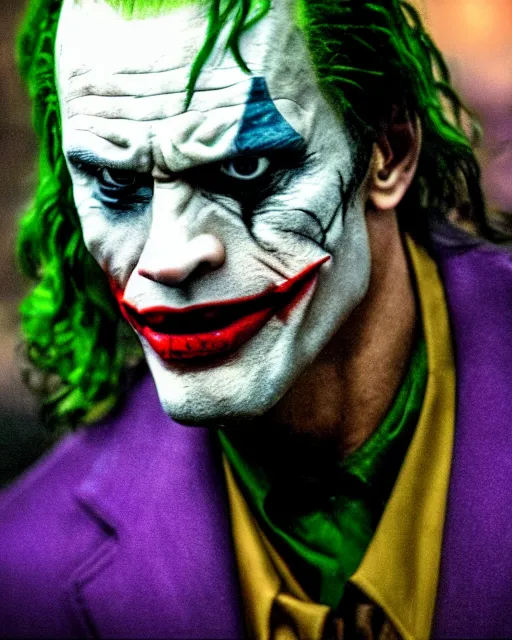 Image similar to Film still close-up shot of Dwayne The Rock Johnson as The Joker from the movie The Dark Knight. Photographic, photography