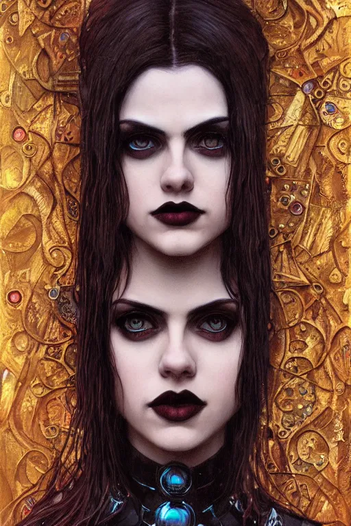 Image similar to portrait of beautiful gothic Alexandra Daddario, cyberpunk, Warhammer, highly detailed, artstation, illustration, art by Gustav Klimt