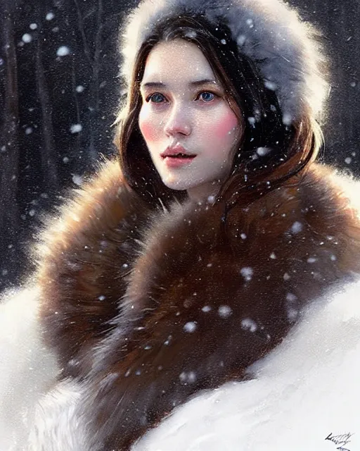 Image similar to a beautiful siberian girl with bear fur coat and neckline | | winter, realistic shaded, unpleasant face, bad looking, fine details, realistic shaded lighting poster by greg rutkowski, magali villeneuve, artgerm, jeremy lipkin and michael garmash and rob rey