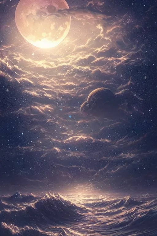 Prompt: moon sea with stars and galaxies, ornate detailed background, trending on artstation, by rossdraws, thomas kinkade