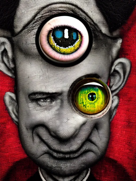 Image similar to a close up of a person with a weird looking eye, a character portrait by alexander jansson, featured on cg society, pop surrealism, made of beads and yarn, studio portrait, fisheye lens