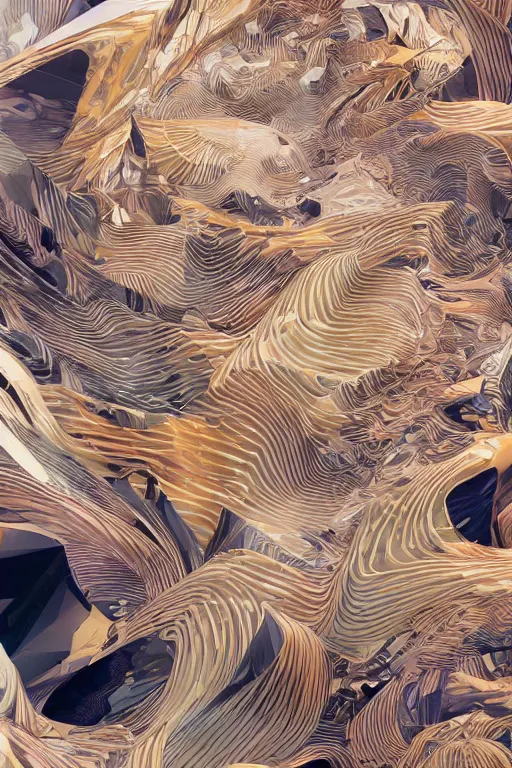 Prompt: perfect abstract concept art by james jean and bridget riley and apple, fluid simulation in houdini paint suspended in oil, cinematic architectural scale, volumetric, beige cream natural muted tones, trending on artstation, rendered in octane