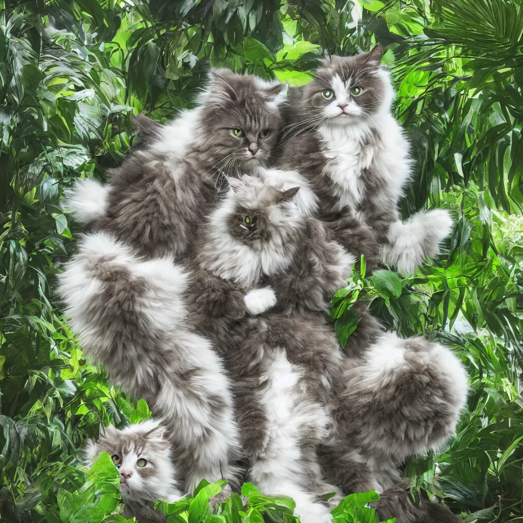 Image similar to ragdoll cats in a jungle, hyperrealistic, photorealism, realistic lighting, 4k