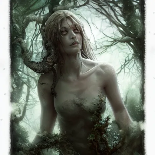 Image similar to high definition charcoal watercolor fantasy character art, hyper realistic, hyperrealism, luminous water elemental, forest dryad, woody foliage, 8 k dop dof hdr fantasy character art, by aleski briclot and alexander'hollllow'fedosav and laura zalenga